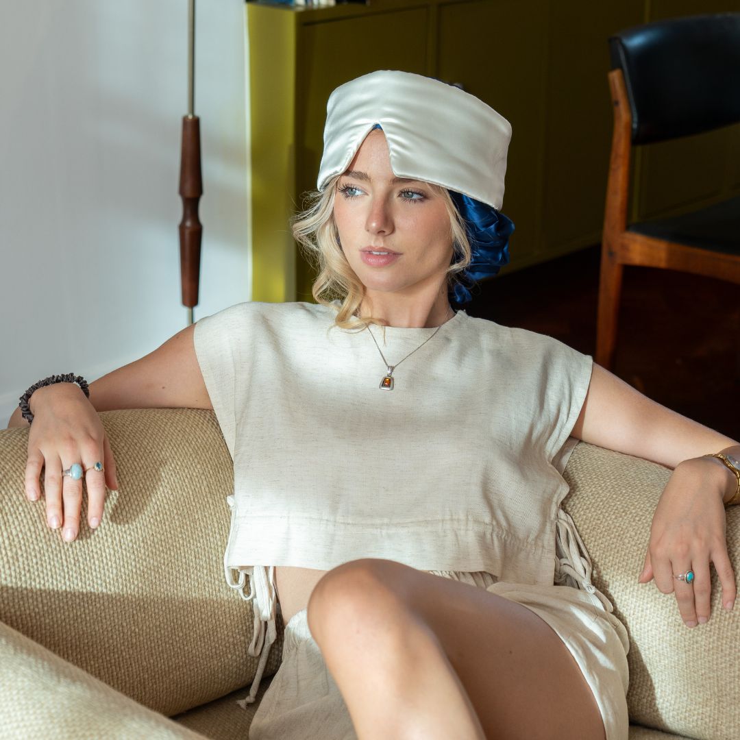 white deep sleep mask and blue silk bonnet 