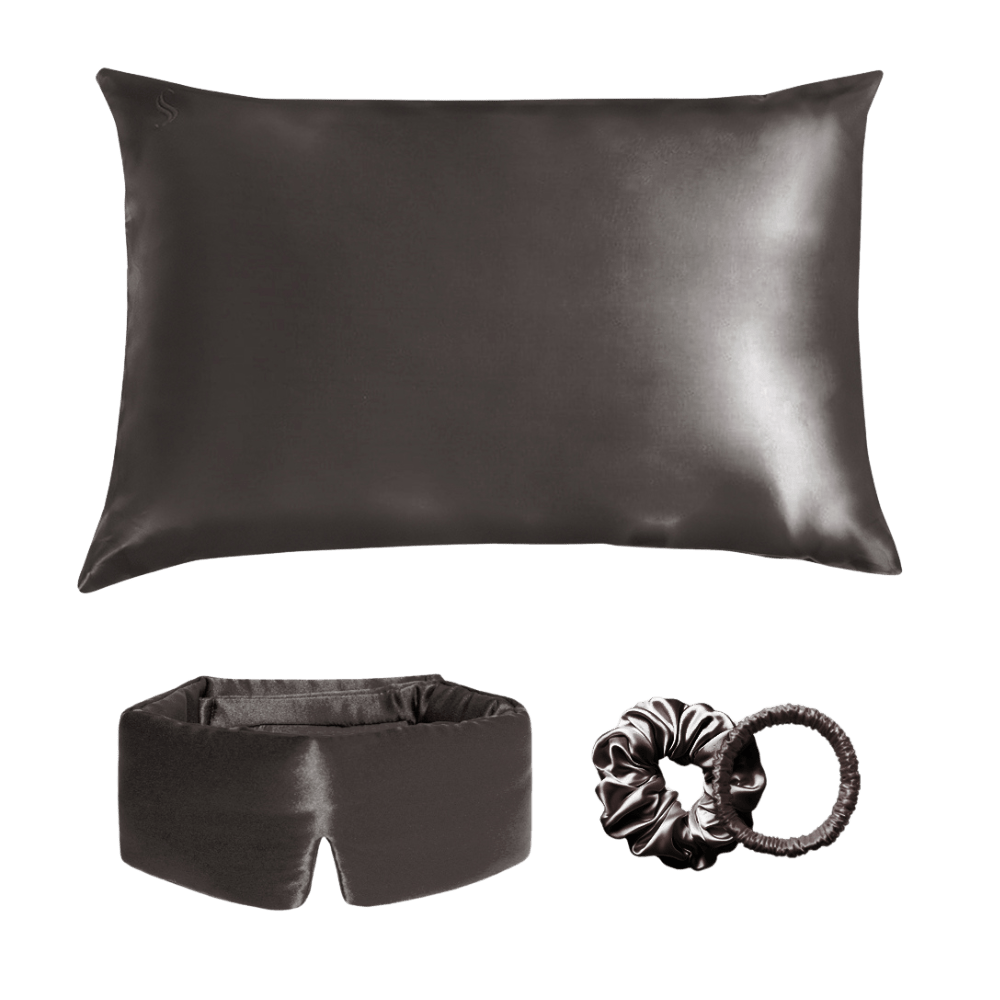 Dark grey silk deep sleep mask, silk pillowcase and silk scrunchie