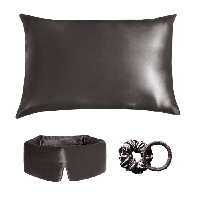 Dark grey silk deep sleep mask, silk pillowcase and silk scrunchie