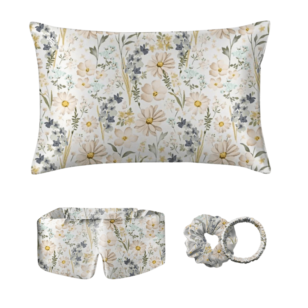 Flower pattern silk deep sleep mask, silk pillowcase and silk scrunchie