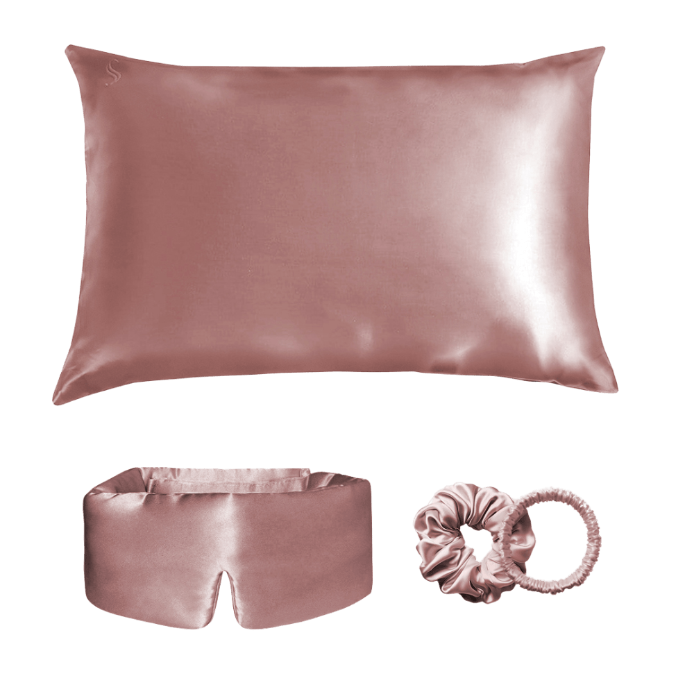 Pink silk deep sleep mask, silk pillowcase and silk scrunchie