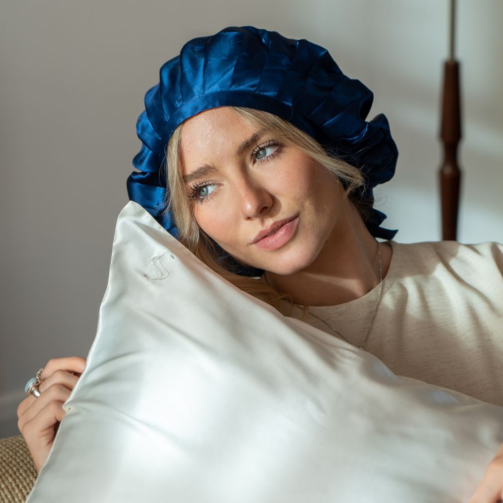 Blue Silk Bonnet, white silk pillowcase
